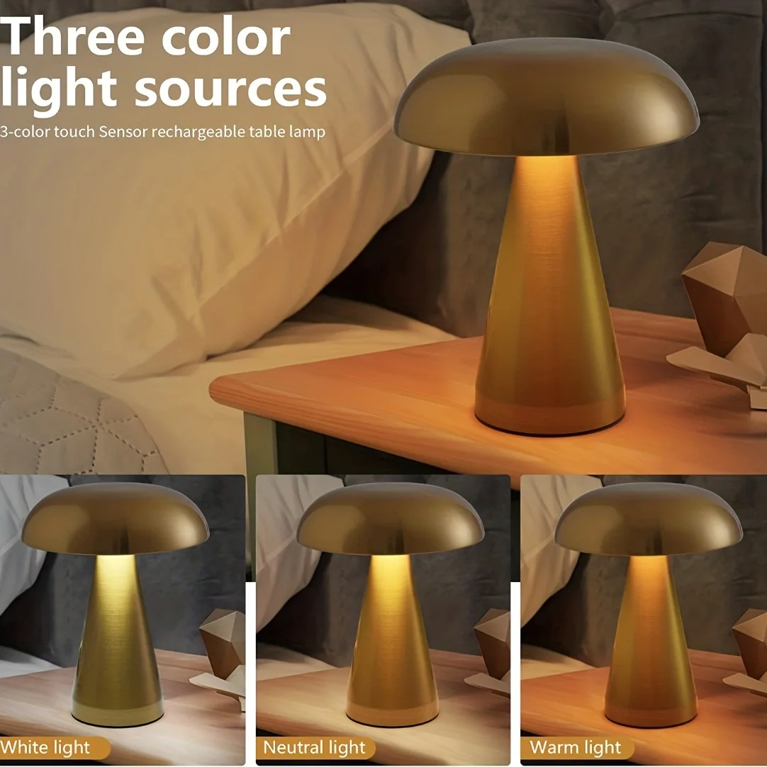 Настольная лампа с грибами, 3 цвета, Регулируемая Яркость, Беспроводная лампа, Перезаряжаемый Ночник с грибным декором, Прикроватная лампа, Сенсорная лампа5