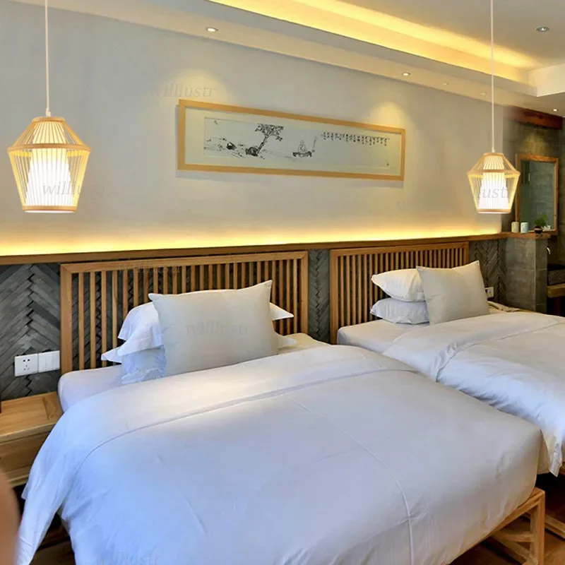 Бамбуковый подвесной светильник ручной вязки Izakaya Hotel Teahouse Спальня на чердаке Деревянная Подвесная потолочная люстра ручной работы2