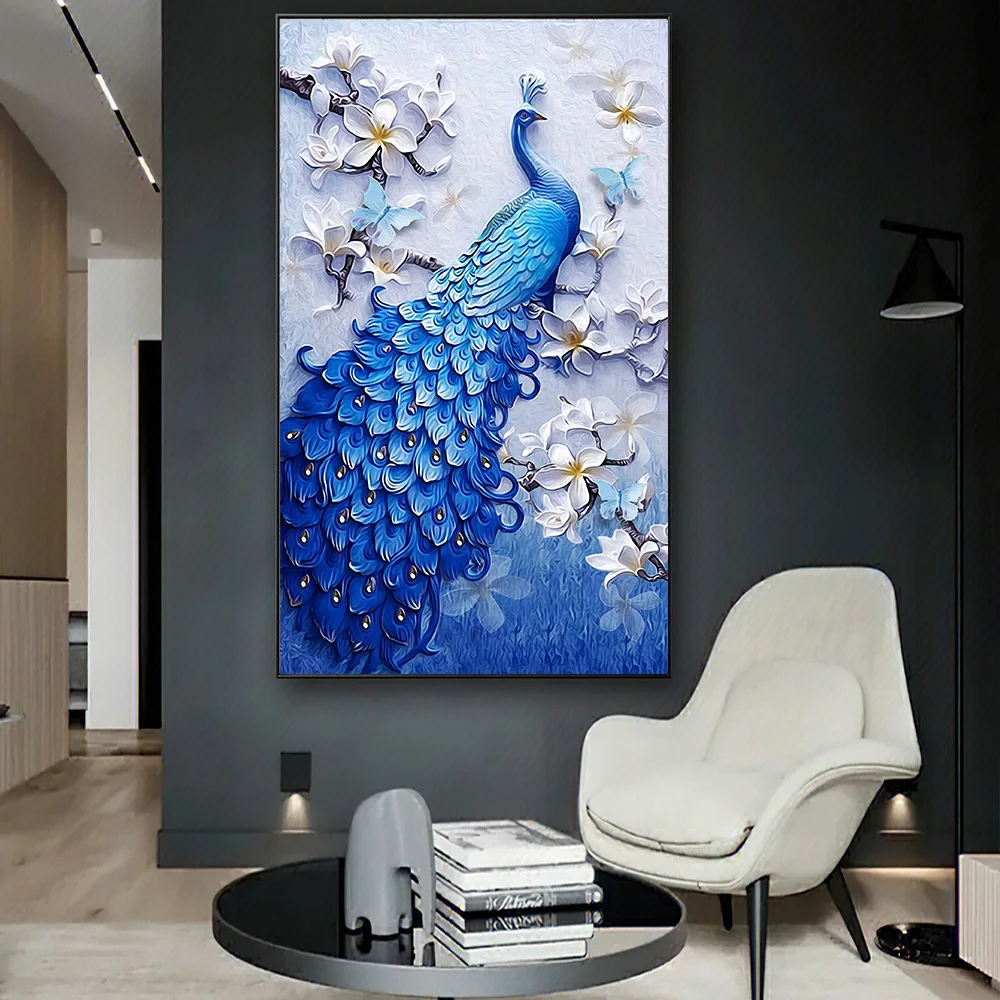Винтажная картина на холсте с павлином, элегантный декор стен дома в гостиной, сине-белый Абстрактный рисунок животного и цветка, принты плакатов0