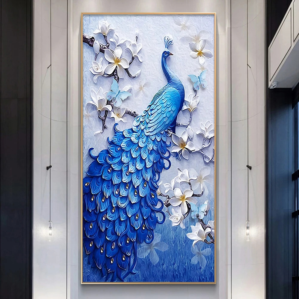 Винтажная картина на холсте с павлином, элегантный декор стен дома в гостиной, сине-белый Абстрактный рисунок животного и цветка, принты плакатов3