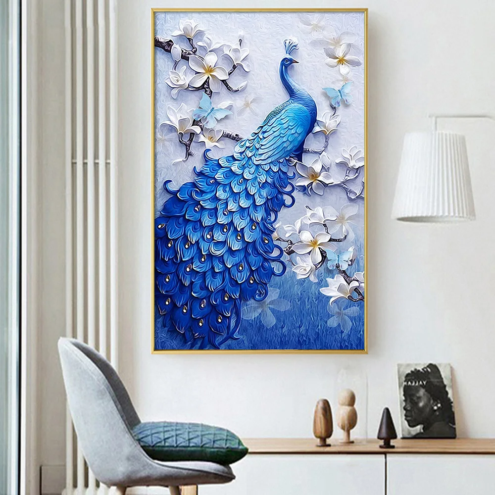 Винтажная картина на холсте с павлином, элегантный декор стен дома в гостиной, сине-белый Абстрактный рисунок животного и цветка, принты плакатов4