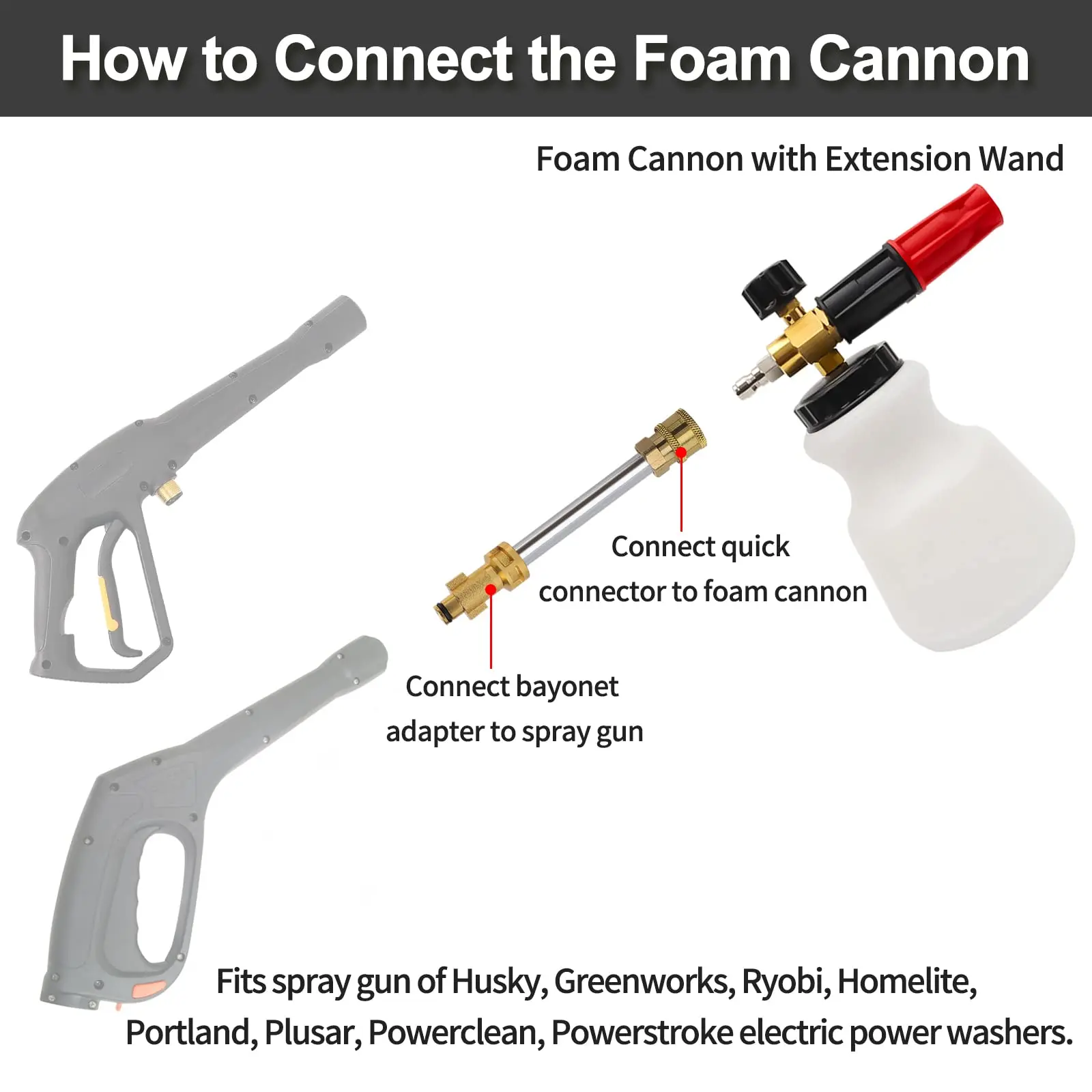 Пенопластовая пушка для мойки высокого давления Snow Foam Lance и удлинительная палочка с быстроразъемным разъемом 1/4 дюйма и 5 распылительными наконечниками; Мойка высокого давления3