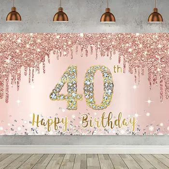 Счастливый 40-й День Рождения Декор Для Вечеринки Фон Баннер 40 Лет Розовый Розовое Золото Блеск Diamomds Фон для Фотографии Для Женщин