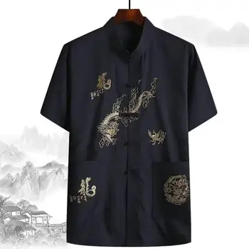 Удобная рубашка с принтом дракона Мужская китайская традиционная льняная рубашка Тан с застежкой на ручную пластину Восточного дизайна для комфортного