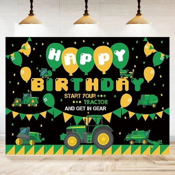 Тракторный механизм Воздушный шар Флаг Фон для фотосъемки С Днем Рождения Зеленый трактор Тема Фоновые украшения баннер