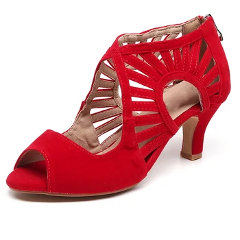 Женские красные танцевальные туфли с ремешками для девочек, летние замшевые сандалии на высоком каблуке для сальсы, джаза, латиноамериканских танцев, 6-11 см