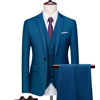 (Куртка + жилет + брюки) Мужской высококачественный деловой свадебный костюм из 3 предметов, комплект однотонного платья с одной пряжкой, смокинги для жениха