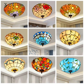 Потолочные светильники Tiffany Винтажное Средиземноморское потолочное освещение из витражного стекла для декора гостиной, коридора, балкона, подвесной светильник