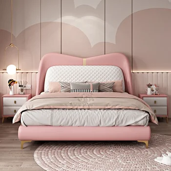 Детская кровать, розовая кровать для девочек, Кожаная кровать принцессы с голубой обивкой, современная и простая одноместная однотонная