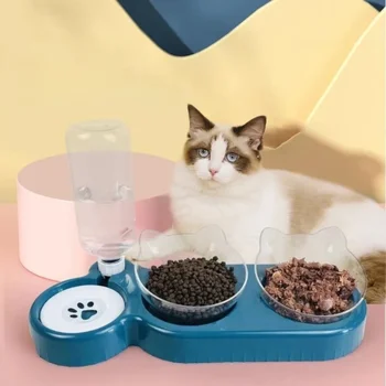Автоматическая кормушка для кошек и собак с двойной миской, контейнер для кошачьего корма, лоток для питья, нескользящий прочный корпус, двойная миска, инструмент для чистки кошачьего корма