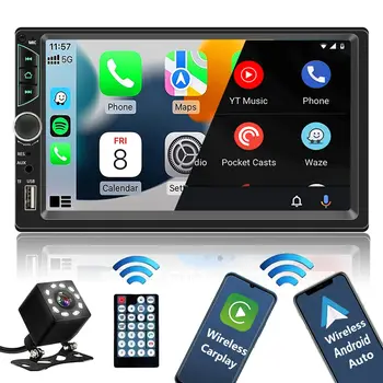 Автомобильная стереосистема на двойной Din с беспроводным Apple Carplay, беспроводной Android Auto, автомагнитола с 7-дюймовым HD сенсорным экраном и Bluetooth