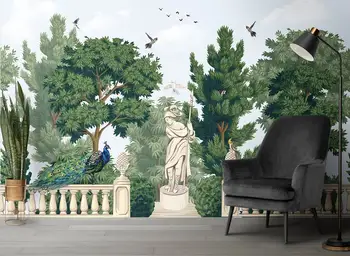 Акварельный винтажный дизайн, тропические обои, лес и павлин, съемная, настраиваемая настенная роспись, самоклеящийся лес попугаев