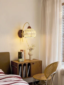 Настенный светильник из ротанга в скандинавском и японском стиле, ретро Лампа из орехового дерева, простая атмосфера, Коридор, Прикроватная светодиодная лампа для спальни