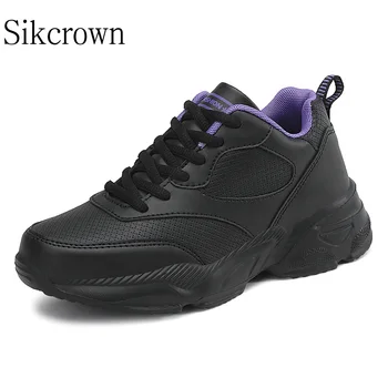 Удобная женская спортивная обувь, черные кожаные женские кроссовки для бега, Женская Дизайнерская обувь для прогулок, Размер 41, Толстая подошва