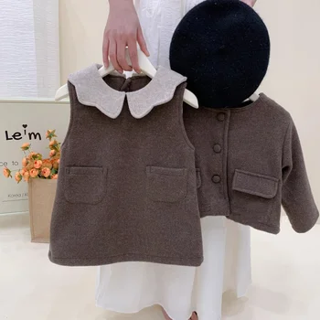Южная Корея Высококачественная Детская одежда Элегантный наряд для девочек 23 Зимняя одежда Для девочек Шерстяное Кашемировое пальто Ручной работы, Юбка