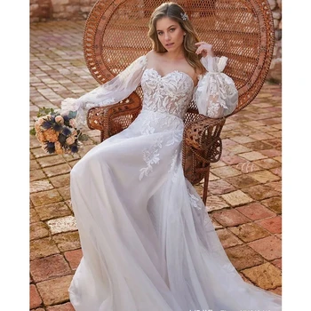 Свадебные платья с пышными рукавами В виде сердечка, кружевной шлейф, свадебное платье невесты в стиле Бохо, сшитое на заказ Vestido De Novia для женщин