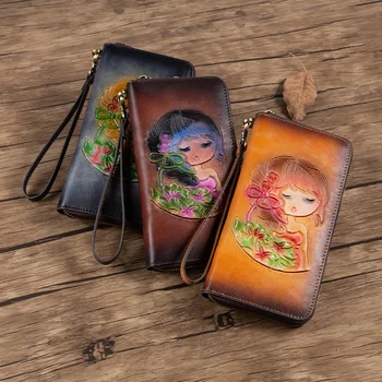 Новый роскошный женский кошелек ручной работы из натуральной кожи, женские длинные кошельки из воловьей кожи, держатели для карт, кошельки для телефонов.