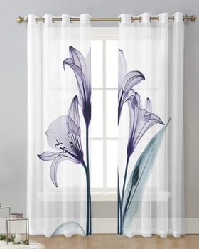 Цветок Лилии, Прозрачная Фиолетовая тюлевая занавеска для гостиной, спальни, современные прозрачные занавески, Прозрачная обработка окон