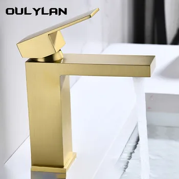 Золотой квадратный кран из нержавеющей стали, настольный умывальник для ванной комнаты, смеситель для горячей и холодной воды, кран на одно отверстие