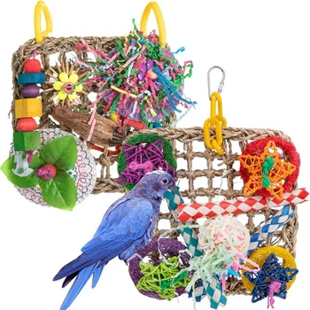 Игрушки для птиц, игрушки для попугаев, натуральные игрушки для жевания попугаев, набор из 2 подвесных подушек, сплетенных из морской травы, для африканских серых попугаев