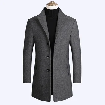 Новинка зимы 2021, Модное черное высококачественное брендовое шерстяное пальто, повседневные тонкие длинные хлопковые пальто, тренч с воротником, мужская шерстяная куртка