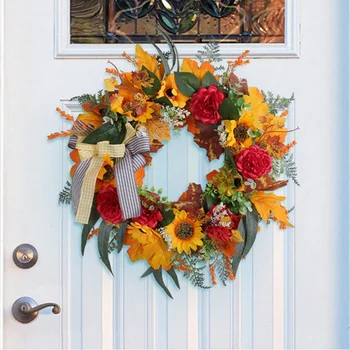 Осенние венки для входной двери, осенний венок из подсолнухов, тыквы и банты из мешковины для дома снаружи