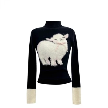 Зимние пушистые лоскутные овечки, Повседневные женские свитера, пуловеры с полувысоким воротником, милые джемперы Y2k с длинным рукавом