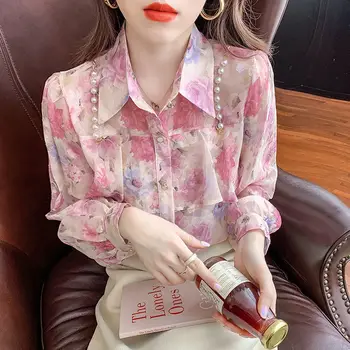 Новая демисезонная Женская Свободная блузка со стоячим воротником и длинным рукавом, Высококачественная шифоновая рубашка с милыми плиссированными оборками и цветочным рисунком.