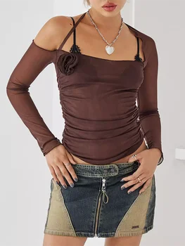 Женская футболка с длинным рукавом, круглым вырезом, без спинки, с цветочным принтом, облегающие прозрачные топы, клубная одежда