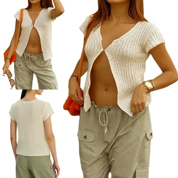 Женские модные трикотажные укороченные топы, однотонные футболки с коротким рукавом и одной пуговицей спереди, Летние Сексуальные укороченные топы, уличная одежда