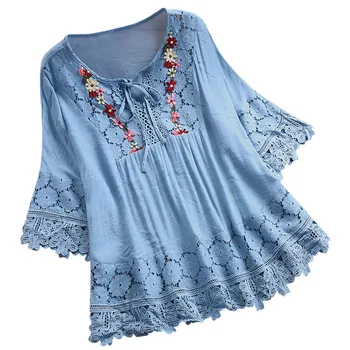 Женская блузка с рукавами, однотонная кружевная рубашка в стиле пэчворк, повседневная женская туника с круглым вырезом, хлопчатобумажные льняные женские топы и блузки