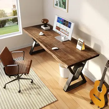 Sihtengxxhongs Рустикальный коричневый 55-дюймовый компьютерный стол из массива дерева - современный игровой верстак для домашнего офиса