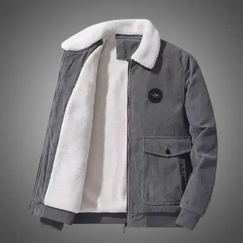 Зимняя вельветовая куртка, пальто, вельветовое пальто, Стильная мужская вельветовая куртка с карманами с клапанами на лацканах, флисовая подкладка, осень-зима